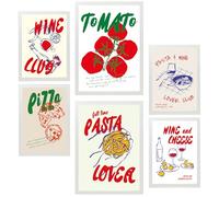 Nacnic Set de 6 Cuadros Ilustraciones de alimentos y comida estilo pop art tomate pasta y pizza ilustración de diseño para decorar las paredes del hogar. Habitación A3 y A4 Marco blanco