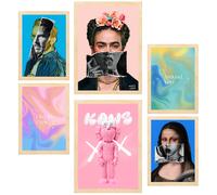 Nacnic Set De 6 Iconic Frida Van Gogh Pop Art Pósters Para Decorar Paredes 6 light wooden frames