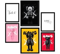 Nacnic Set de 6 Iconic Kaws colorfull Cuadros con ilustración de diseño para decorar las paredes del hogar. Habitación, oficina, tienda. A3 y A4. Marco negro