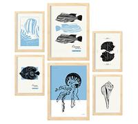 Nacnic Set de 6 Posters en Tinta Negra. Criaturas Marinas. Láminas Artísticas del Mar y Océano para el Diseño y Decoración de Interiores. Tamaños A3 & A4, Marcos Color Madera.