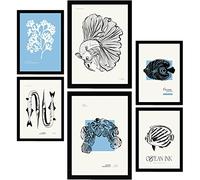 Nacnic Set de 6 Posters en Tinta Negra. Peces. Láminas Artísticas del Mar y Océano para el Diseño y Decoración de Interiores. Tamaños A3 & A4, sin marcos.