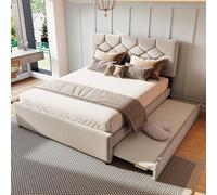 NADEUSAK Cama tapizada, cama con somier de láminas (sin colchón), cama con cajonera enrollable, terciopelo, minimalista (beis, 140 x 200 cm)