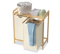 NAIZY Cesto para la colada con 2 compartimentos, 72 L, 2 x 36 L, tejido Oxford, cesta para la colada con bambú superior y asa, guías extraíbles, sistema de clasificación de ropa, color beige