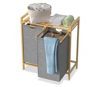 NAIZY Cesto para la colada con 2 compartimentos, 72 L/2 x 36 L, tela Oxford, cesta para la colada con bambú superior y asa, guías extraíbles, sistema de clasificación de ropa, gris