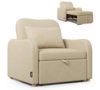Nalui- Sillon Cama Buddy 92x97x90cm con Respaldo Ajustable 2 Posiciones y Almohada. Sofá Cama 1 Plaza 3 en 1 de Lino, Soporta hasta 200Kg. Sofá Cama Individual con Reposabrazos, Beige