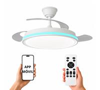 NARVI Ventilador de techo color blanco, con RGB, 3 Palas Retráctiles ,Motor DC 30W , Luz LED Regulable en intensidad y Color de luz. Con Memoria, Mando y APP Móvil. Ref. SEÚL 8935 WH