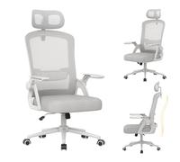 naspaluro Silla Oficina Ergonómica, Silla Escritorio con Reposacabezas | Reposabrazos Abatibles, Asiento Transpirable de Malla, Silla Giratoria para Ordenador, Homeoffice y Gaming Gris