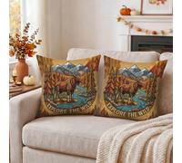 Nature Adventure - Juego de 2 fundas de almohada vintage con cita de alce | Paisaje de bosque de montaña, fundas de cojín, decoración rústica de cabaña, cita de aventura, paleta de tonos terrosos