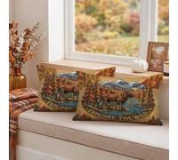 Nature Adventure - Juego de 2 fundas de almohada vintage con cita de alce | Paisaje de bosque de montaña, fundas de cojín, decoración rústica de cabaña, cita de aventura, paleta de tonos terrosos