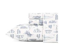 Nautica - Juego de sábanas Individuales, Juego de Ropa de Cama de percal de algodón, crujiente y Fresco, Ligero y Transpirable (Azul Vela de Madera Blanca, Individual)