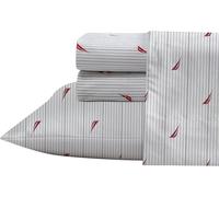 Nautica - Juego de sábanas tamaño Queen, Juego de Ropa de Cama de percal de algodón, Fresco y Fresco, Ligero y Transpirable (Audley Stripe Red, Queen)