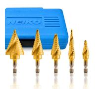 NEIKO 10173A Quick Change SAE Spiral Grooved Step Drill Bit Set | 5-Piece Set with total 50 Step Sizes | High-Speed Steel and Titanium Nitride Coating | Two-Flute Design | Handy Storage Case
