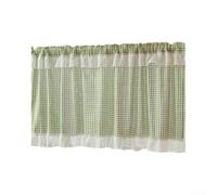 NEIQIUWING Cortina corta con patrón de cuadros y ribete de encaje para cocina, media cortina con bolsillo para barra de poliéster translúcido, cortina decorativa para ventanas pequeñas (verde)