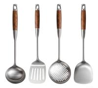 NEIQIUWING Juego de espátulas de wok de acero inoxidable 316L | 5 utensilios con mango de madera para cocinar multiusos resistente al calor (juego de 4 piezas)