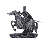 Nemesis Now Figura de caballero listo para la batalla, acabado plateado metálico, decoración de arte medieval, caballero de caballo con espada y riendas, para proteger