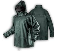 NEO TOOLS Chubasquero con capucha para hombre, exterior de poliuretano y PVC, forro 100% poliéster 310 g/m2, costuras selladas, cremalleras y bolsillos protegidos el agua, ventilación, talla L