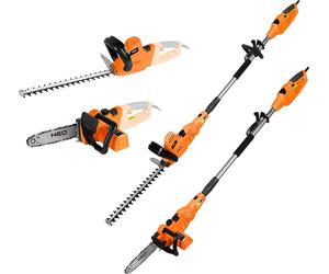 NEO TOOLS: Herramienta de jardín multifunción 2 en 1 – Cortasetos profesional (750W, espada de 25 cm) y podadora de setos telescópica (550W, cuchilla de 46 cm)