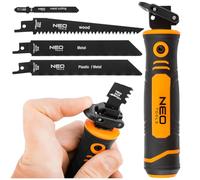 NEO TOOLS Mango de sierra con 4 hojas de sierra sable - Hoja de sierra sable para madera, metal en madera, metal - Conector con dos enchufes para una instalación rápida - Hojas de sierra sable