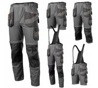 NEO TOOLS Peto de trabajo para hombre 6 en 1, 100% algodón 260 g/m2, 2 perneras desmontables, tirantes abotonables, bolsillos multifunción, cintura elástica elástica, talla: M, gris