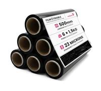 Netuno 6x rollo de film estirable negro 1,5 kg peso ancho 50 cm espesor 23 µm lámina elástica película de polietileno retráctil para embalar paletas paquetes cajas mudanzas transporte almacenaje