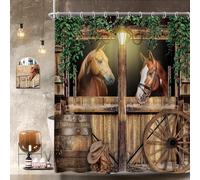 Newsely Cortina de Ducha con diseño de Caballo Occidental, 60 Pulgadas de Ancho x 72 Pulgadas de Alto, Puerta de Granero, Vaquero, Hojas Verdes del Salvaje Oeste, Juego de baño, Ruedas Viejas,