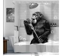 Newsely Cortina de Ducha con diseño de Mono Divertido de 152 cm de Ancho x 183 cm de Alto, Color Negro y Blanco, chimpancé Cantando en la bañera, Juego de Cortina de Ducha para Hombres y niños, Juego