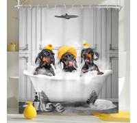 Newsely Cortina de ducha divertida de perros de 72 pulgadas de ancho x 72 pulgadas de alto, diseño de perro salchicha bañándose en la bañera, lindo animal cachorro, mascota, divertido juego de cortina