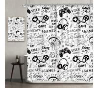 Newsely Cortina de ducha para niños, 152.4 cm de ancho x 182.9 cm de alto, videojuegos, adolescentes, niños, negro y blanco, graffiti, controlador de gamepad de juegos, cortina de ducha, juego de baño