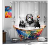 Newsely Funny Monkey - Cortina de ducha de 152 cm de ancho x 182 cm de alto, diseño de animal blanco y negro en bañera, chimpancé, para niños y hombres, juego de cortina de ducha moderno con graffiti,