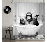 Newsely Funny Monkey - Cortina de Ducha de 182 cm de Ancho x 183 cm de Alto, chimpancé en bañera, Color Blanco y Negro, Animal, Vida Silvestre, para niños y Hombres, Juego de Cortina de Ducha Moderna