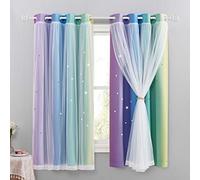 NICETOWN Cortinas Infantiles Cortinas Opacas Termicas Aislantes Frio y Calor Cortinas Ventanas Cortas Cortinas Dobles con Estrellas Huecas y Gasa de Red, 2 Piezas, 132x160 cm, Arco Iris Oscuro