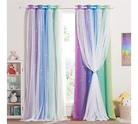 NICETOWN Cortinas Opacas Termicas Aislantes con Ojales Cortinas Infantiles Niño Cortinas Dobles con Estrellas Huecas y Gasa de Red, 2 Piezas, 132x240 cm, Arco Iris Oscuro