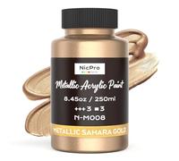 Nicpro Metálico Sahara Oro Pintura Acrilica, 250 ml Acrilico Oro No Tóxica, Resistente a La Decoloración, Pintura Dorada para Metal, Madera, Arcilla, Lienzo, Muebles, Manualidades y Materiales De Arte