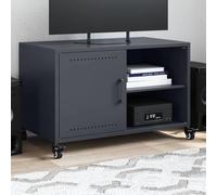 NiuBIKeLasI Armario para TV antracita 68 x 39 x 43,5 cm, acero laminado en frío, con puerta de 2 estantes, ruedas para estante de salón, mesa de televisión para cine en casa y espacio de