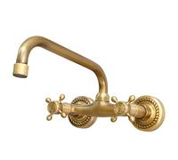 NIUKOMY Grifo Cocina Fregadero Pared Latón Antiguo Dos Manijas | Grifo mezclador lavabo mural retro, giratorio de 180° caño largo 24 cm, agua fría y caliente, para cocina, baño y exterior