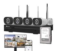 NIVIAN Kit Camaras de Vigilancia Profesional WiFi SuperHD con 4 Cámaras IP y Grabador con Disco Duro 10CH - para Casas y Negocios - Visión Nocturna, Detección Humana IA, Audio Bidireccional