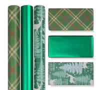 Niviy Papel de Regalo Rollo Grande 43cmx3m Papel de Regalo Verde 3 Rollos Papel de Regalo Kraft Navidad Impreso con Alces y Arbol de Navidad Ambiente Navideño Retro