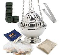 NKlaus Set incensario Plateado con resinas Naturales carbón Pinza Copa extraíble Ritual Espiritual meditación purificación Hecho a Mano Altura 14 cm latón niquelado 2917