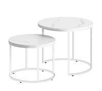 NMK HOME Mesa de Centro 53/43 cm, Juego de 2 mesas Nido Redondas Efecto mármol Blanco, Patas de Metal Blanco, diseño Moderno Ahorra Espacio para salón y Dormitorio