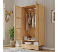 NNJN Armario con barra, armario de 2 puertas, dormitorio, red de ratán, sala de estar, con tapa inferior abatible, tableros de partículas+ratán de polietileno, natural
