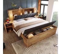 NNJN Cama de matrimonio de madera con cabecero plegable de tela de lino, espacio de almacenamiento, dos mesitas de noche, banco con espacio de almacenamiento, lámparas de lectura con somier USB, color