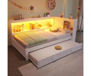 NNJN Cama diván 90 x 200 cm, sofá cama con cama nido, con luces LED, con enchufe, 1 puerto USB, 1 tipo C, sin colchón, color blanco