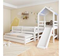 NNJN Cama infantil de 90 x 200, con cama nido de 90 x 190, cama infantil con tobogán, con escalera lateral, con cajones, litera con marco de madera maciza y techo de tela, color blanco
