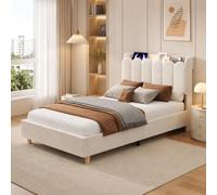 NNJN Cama tapizada, 90 x 200 cm, cama individual, cama infantil, cama con somier, cabecero acolchado y base de carga USB & tipo C y lámpara de lectura, terciopelo, beige