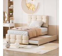 NNJN Cama tapizada, cama nido extraíble, cabecero ajustable, acolchado de lino agradable al tacto, cama individual plana, cama para niños, cama de invitados (90 x 200 cm, sin colchón) (beige)