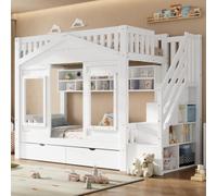 NNJN Litera de 90 x 200 cm, cama alta, cama infantil con protección anticaída y escalera de almacenamiento, cama juvenil, con ventana, madera maciza, color blanco
