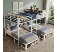NNJN Litera de metal de 140 x 200/90 x 200 cm, color blanco, litera familiar con 3 plazas, estante abierto, zapatero y escalera para habitaciones de invitados y habitaciones juveniles