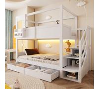 NNJN Litera para cuna de 90 x 200 cm, estructura de cama estilo cabaña, con compartimentos flexibles y una pizarra creativa, con escalera y cajones, cama doble para niños y niñas, color blanco