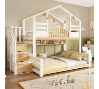 NNJN Litera para niños, color blanco y aspecto de madera natural, 90 x 200 cm, parte superior de 140 x 200 cm, con armario para escaleras, espacio de almacenamiento, estanterías, ascenso seguro, ideal