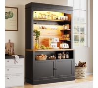 NNJN Mueble de cocina alto, armario de cocina, vitrina, aparador, aparador con iluminación LED, estante abierto, color negro (107 x 43 x 184 cm)